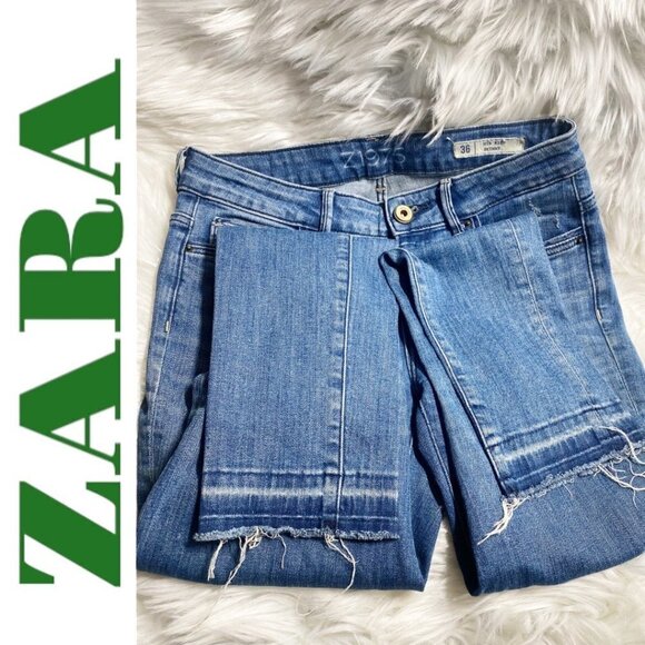 ZARA Basic Z1975 Distressed Busted Knee Mid-Rise Skinny Jeans Fringe Hem Size 4 - Picture 7 of 9